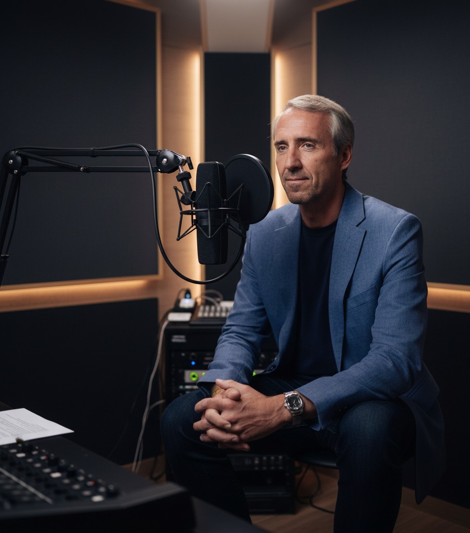 Patrick en un estudio de podcast